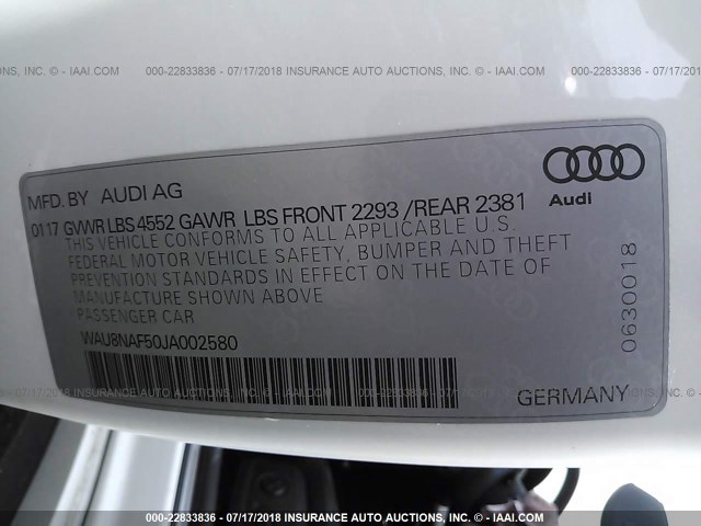 WAU8NAF50JA002580 - 2018 AUDI A5 PREMIUM PLUS S-LINE WHITE photo 9