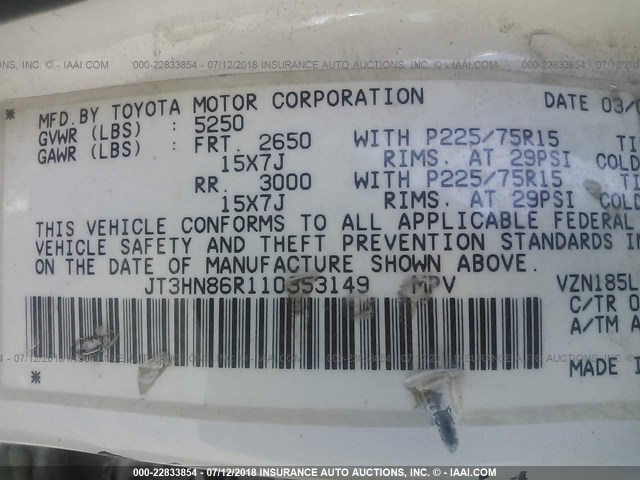 JT3HN86R110353149 - 2001 TOYOTA 4RUNNER SR5 WHITE photo 9