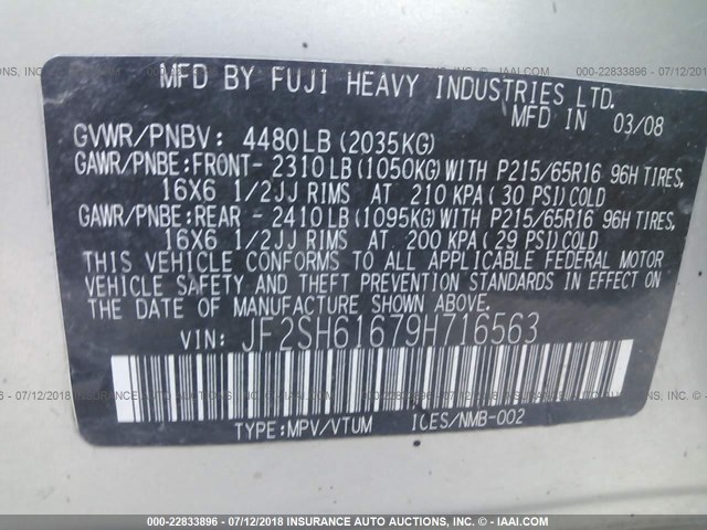 JF2SH61679H716563 - 2009 SUBARU FORESTER 2.5X SILVER photo 9