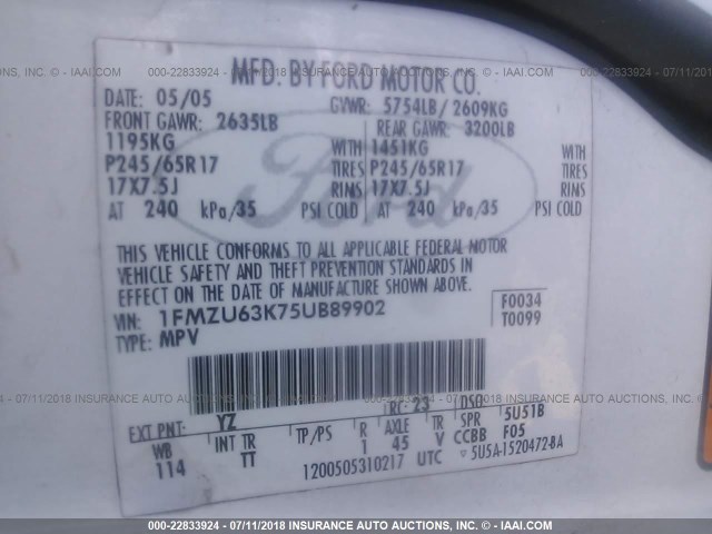 1FMZU63K75UB89902 - 2005 FORD EXPLORER XLT/XLT SPORT/NBX 白色 照片 9