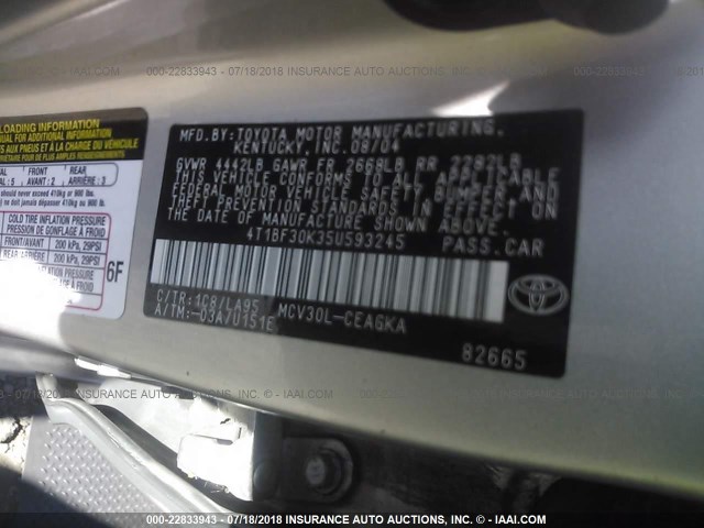 4T1BF30K35U593245 - 2005 TOYOTA CAMRY LE/XLE/SE 银色 照片 9