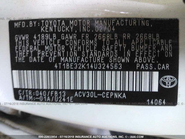 4T1BE32K14U324563 - 2004 TOYOTA CAMRY LE/XLE/SE Ağ foto 9