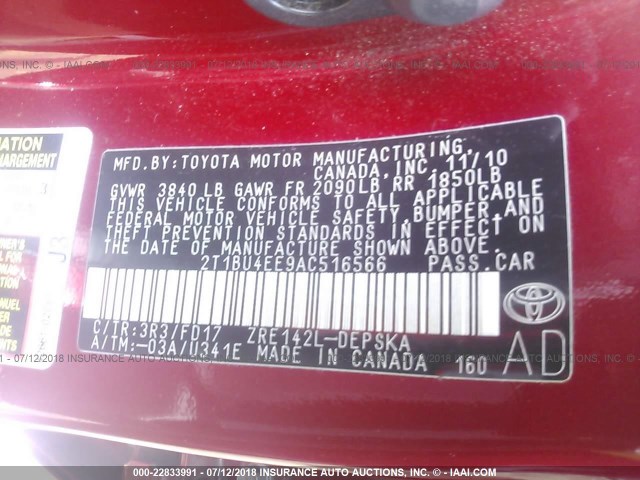 2T1BU4EE9AC516566 - 2010 TOYOTA COROLLA S/LE/XLE RED photo 9