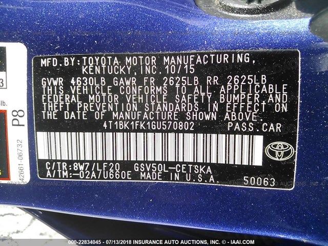 4T1BK1FK1GU570802 - 2016 TOYOTA CAMRY XSE/XLE Mavi foto 9