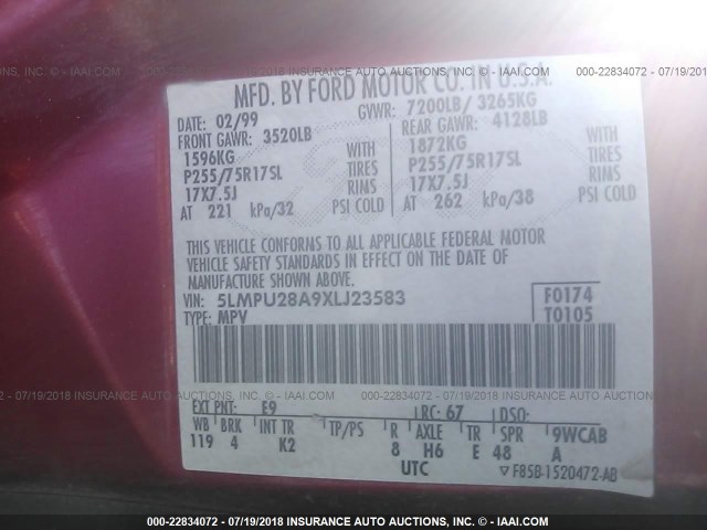 5LMPU28A9XLJ23583 - 1999 LINCOLN NAVIGATOR 红色 照片 9