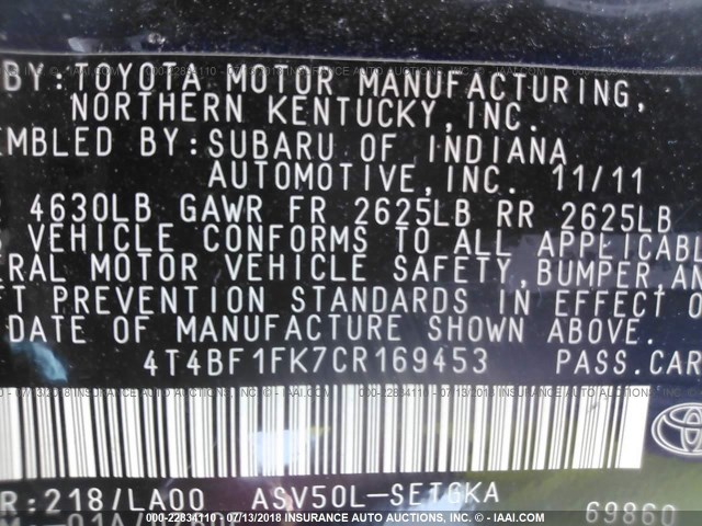 4T4BF1FK7CR169453 - 2012 TOYOTA CAMRY SE/LE/XLE შავი ფოტო 9