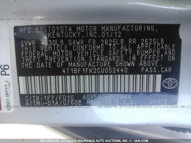 4T1BF1FK2CU052440 - 2012 TOYOTA CAMRY SE/LE/XLE ვერცხლისფერი ფოტო 9