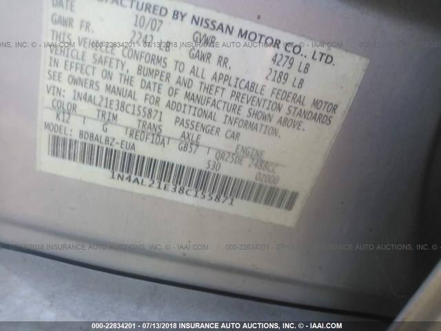 1N4AL21E38C155871 - 2008 NISSAN ALTIMA 2.5/2.5S SILVER photo 9