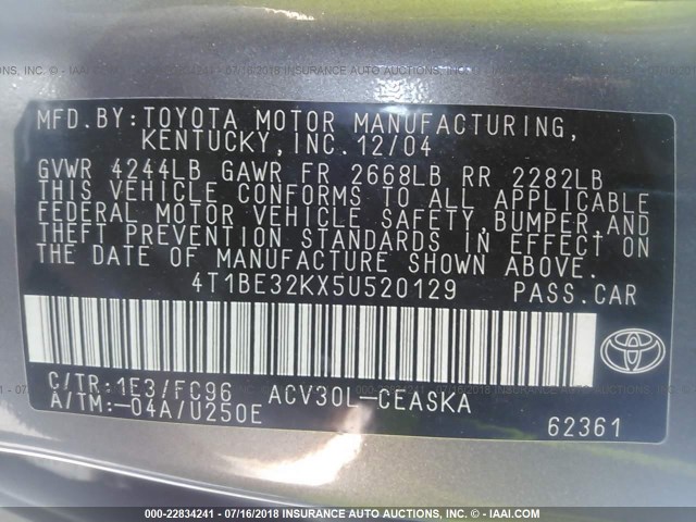 4T1BE32KX5U520129 - 2005 TOYOTA CAMRY LE/XLE/SE 灰色 照片 9