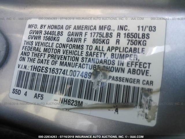 1HGES16374L007489 - 2004 HONDA CIVIC DX VP 银色 照片 9
