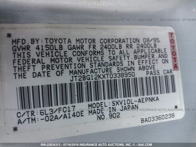 JT2BG12KXT0338950 - 1996 TOYOTA CAMRY DX/LE/XLE Light Blue photo 9