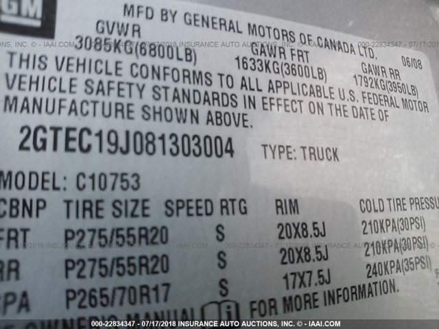 2GTEC19J081303004 - 2008 GMC SIERRA C1500 GRAY photo 9