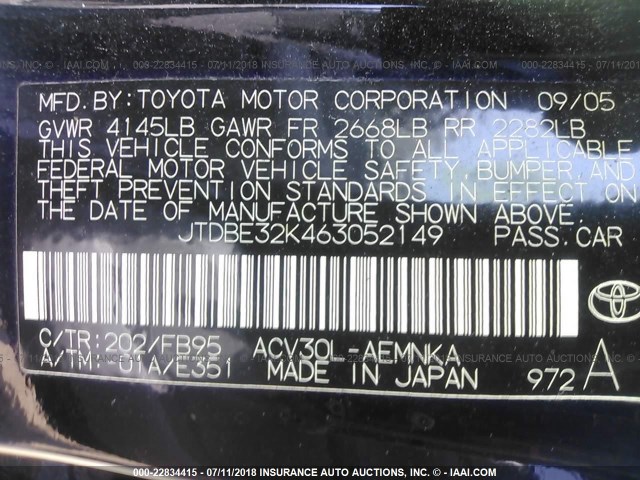 JTDBE32K463052149 - 2006 TOYOTA CAMRY LE/XLE BLACK photo 9