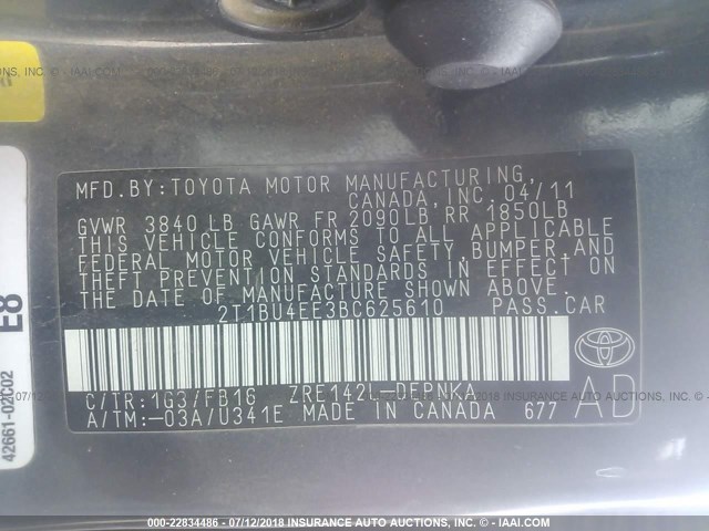 2T1BU4EE3BC625610 - 2011 TOYOTA COROLLA S/LE GRAY photo 9