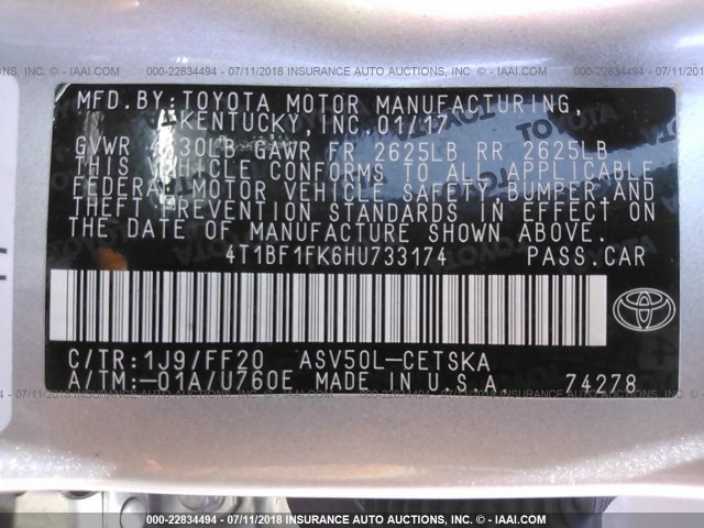 4T1BF1FK6HU733174 - 2017 TOYOTA CAMRY LE/XLE/SE/XSE SILVER photo 9