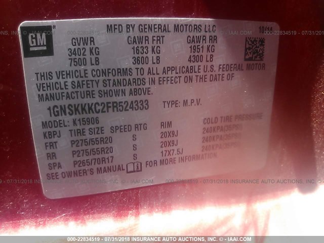 1GNSKKKC2FR524333 - 2015 CHEVROLET SUBURBAN K1500 LTZ RED photo 9