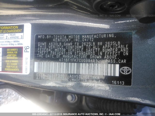 4T1BF1FK7CU098491 - 2012 TOYOTA CAMRY SE/LE/XLE GRAY photo 9