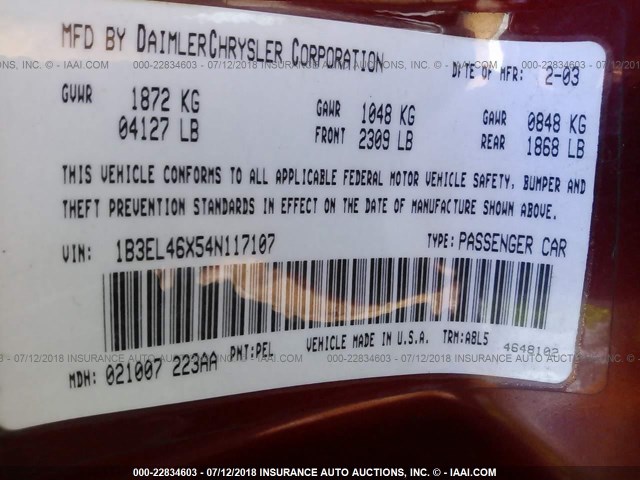 1B3EL46X54N117107 - 2004 DODGE STRATUS SXT RED photo 9