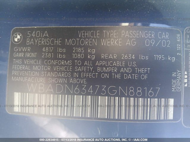 WBADN63473GN88167 - 2003 BMW 540 I AUTOMATIC BLUE photo 9