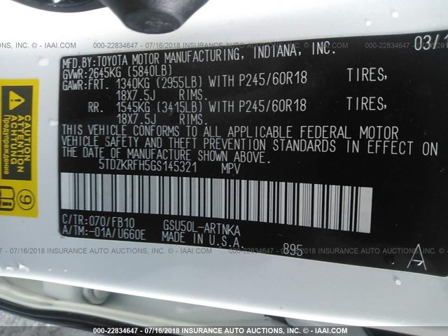 5TDZKRFH5GS145321 - 2016 TOYOTA HIGHLANDER LE/LE PLUS WHITE photo 9