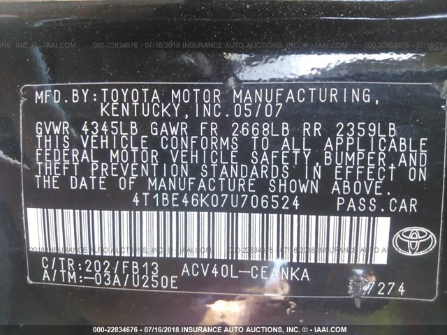 4T1BE46K07U706524 - 2007 TOYOTA CAMRY NEW GENERAT CE/LE/XLE/SE BLACK photo 9