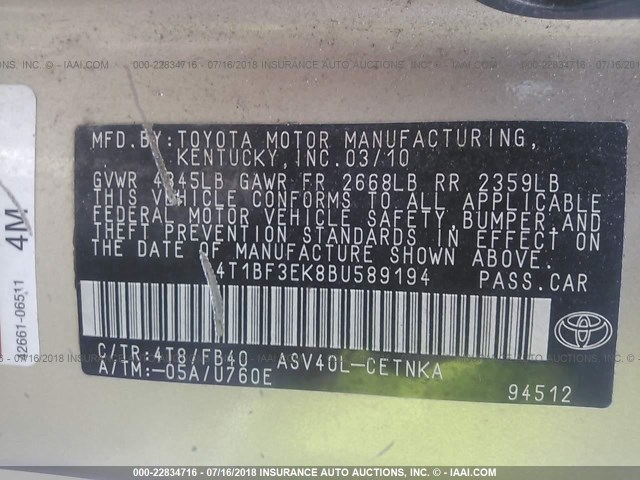 4T1BF3EK8BU589194 - 2011 TOYOTA CAMRY SE/LE/XLE GOLD photo 9