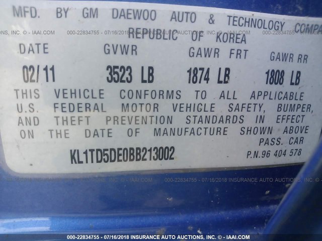 KL1TD5DE0BB213002 - 2011 CHEVROLET AVEO LS/LT 蓝色 照片 9