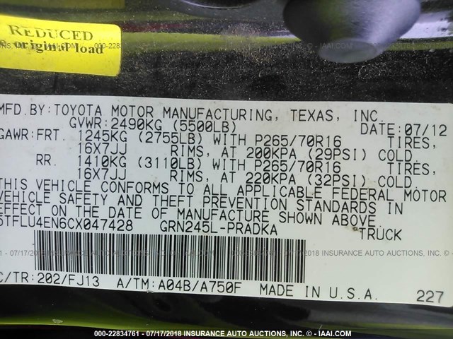 5TFLU4EN6CX047428 - 2012 TOYOTA TACOMA DOUBLE CAB შავი ფოტო 9