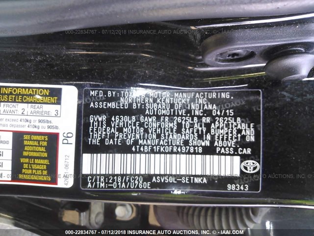 4T4BF1FK0FR497818 - 2015 TOYOTA CAMRY LE/XLE/SE/XSE BLACK photo 9