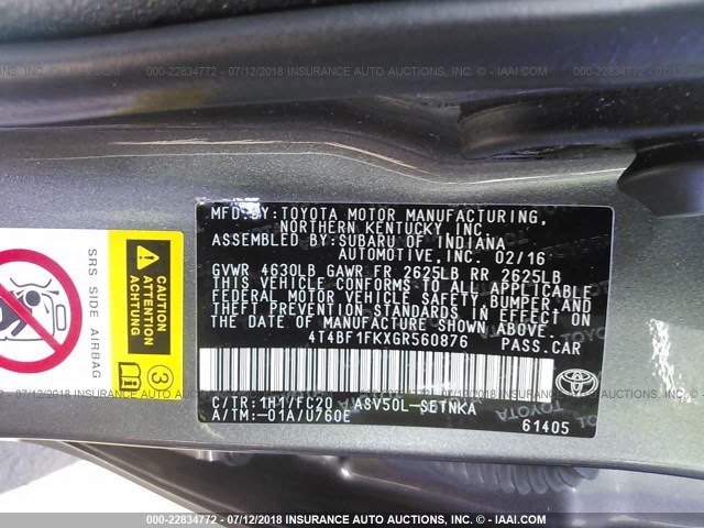 4T4BF1FKXGR560876 - 2016 TOYOTA CAMRY LE/XLE/SE/XSE GRAY photo 9