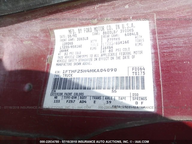 1FTHF25H4MKA04090 - 1991 FORD F250 RED photo 9