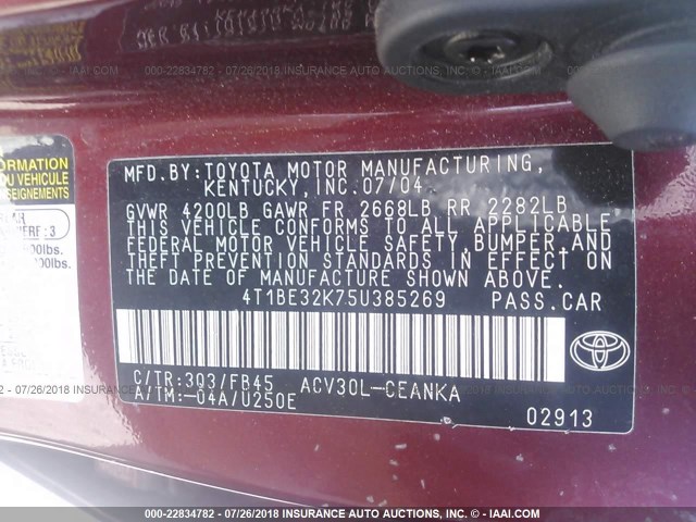 4T1BE32K75U385269 - 2005 TOYOTA CAMRY LE/XLE/SE Qırmızı foto 9