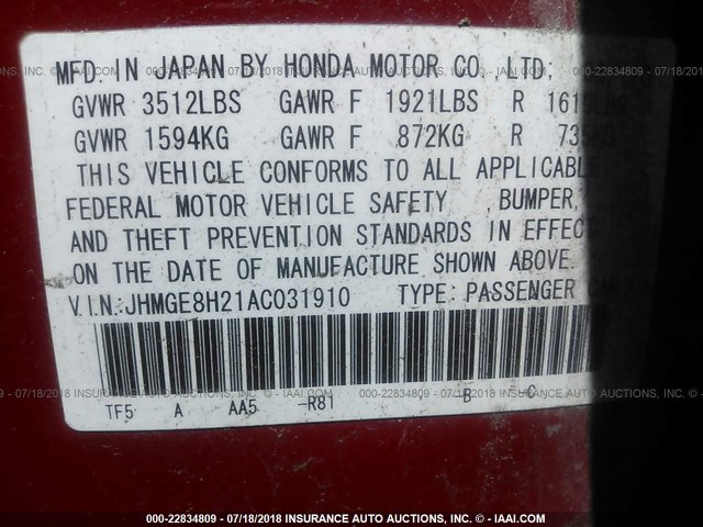 JHMGE8H21AC031910 - 2010 HONDA FIT RED photo 9