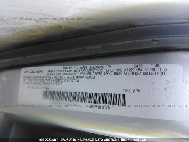 4S4BL62C167210399 - 2006 SUBARU LEGACY OUTBACK 2.5I LIMITED SILVER photo 9