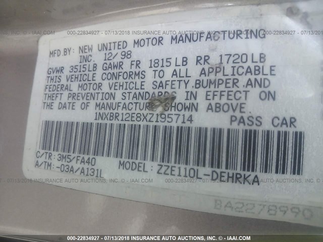 1NXBR12E8XZ195714 - 1999 TOYOTA COROLLA VE/CE/LE 棕色 照片 9