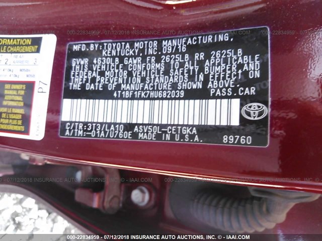 4T1BF1FK7HU682039 - 2017 TOYOTA CAMRY LE/XLE/SE/XSE RED photo 9
