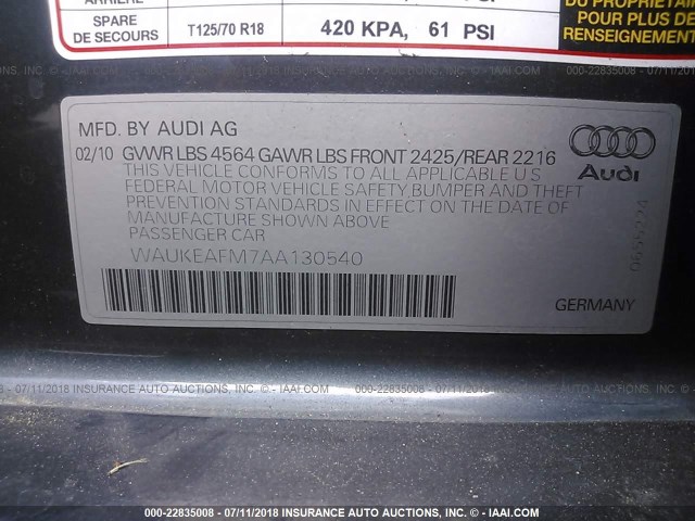 WAUKEAFM7AA130540 - 2010 AUDI A3 PREMIUM PLUS Pewter photo 9