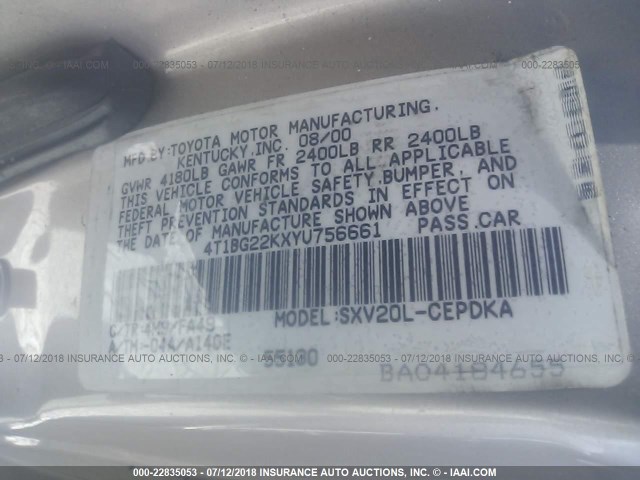 4T1BG22KXYU756661 - 2000 TOYOTA CAMRY CE/LE/XLE ოქროსფერი ფოტო 9