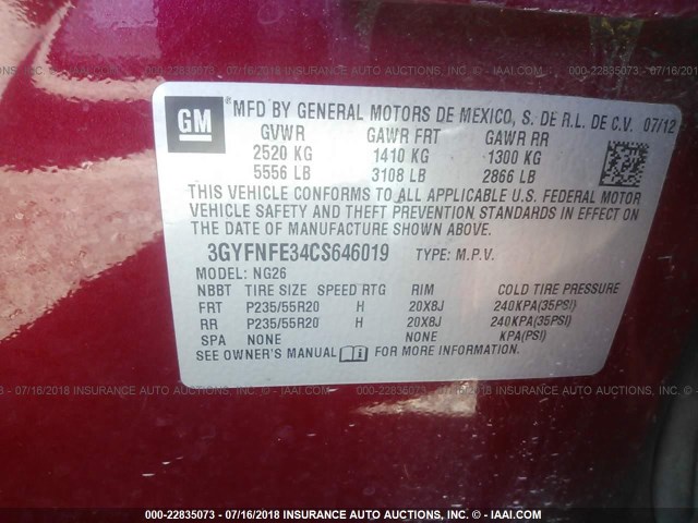 3GYFNFE34CS646019 - 2012 CADILLAC SRX PREMIUM COLLECTION RED photo 9