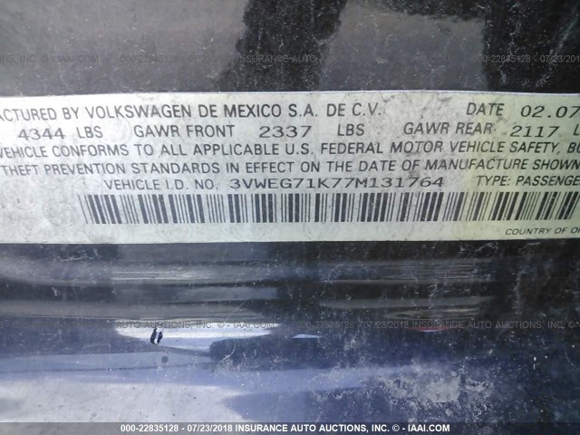 3VWEG71K77M131764 - 2007 VOLKSWAGEN JETTA WOLFSBURG 黑色 照片 9
