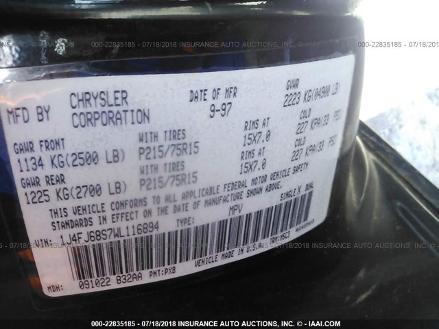 1J4FJ68S7WL116894 - 1998 JEEP CHEROKEE SPORT/CLASSIC შავი ფოტო 9