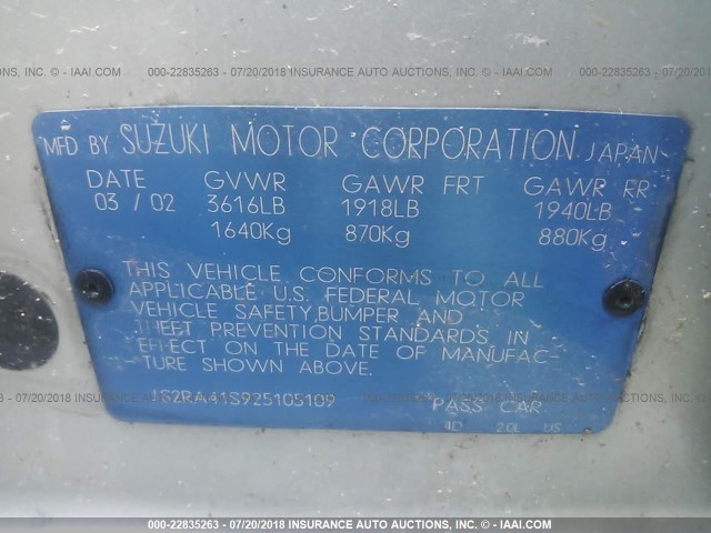 JS2RA41S925105109 - 2002 SUZUKI AERIO S/GS SILVER photo 9