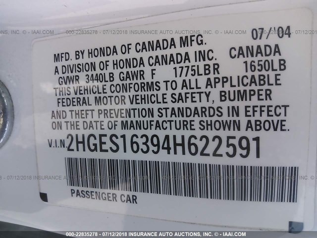 2HGES16394H622591 - 2004 HONDA CIVIC DX VP 白色 照片 9