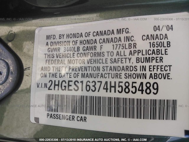 2HGES16374H585489 - 2004 HONDA CIVIC DX VP GREEN photo 9