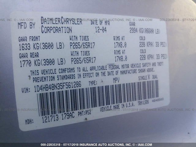 1D4HB48N35F561286 - 2005 DODGE DURANGO SLT SILVER photo 9