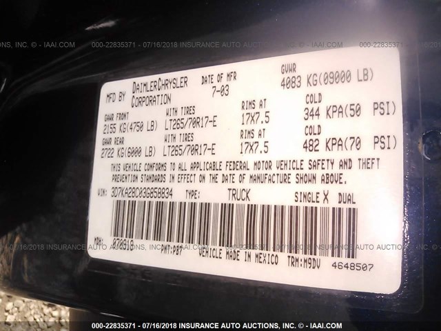 3D7KA28C03G858834 - 2003 DODGE RAM 2500 ST/SLT 蓝色 照片 9