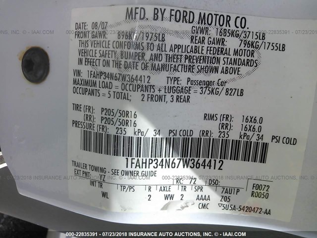 1FAHP34N67W364412 - 2007 FORD FOCUS ZX4/S/SE/SES 白色 照片 9