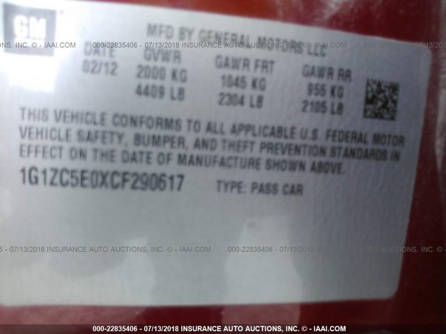 1G1ZC5E0XCF290617 - 2012 CHEVROLET MALIBU 1LT RED photo 9