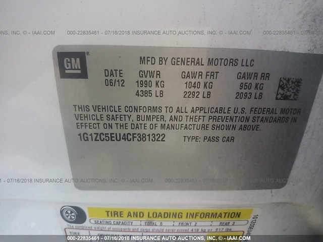 1G1ZC5EU4CF381322 - 2012 CHEVROLET MALIBU 1LT 白色 照片 9