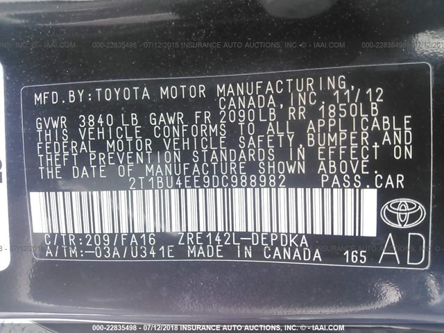 2T1BU4EE9DC988982 - 2013 TOYOTA COROLLA S/LE შავი ფოტო 9